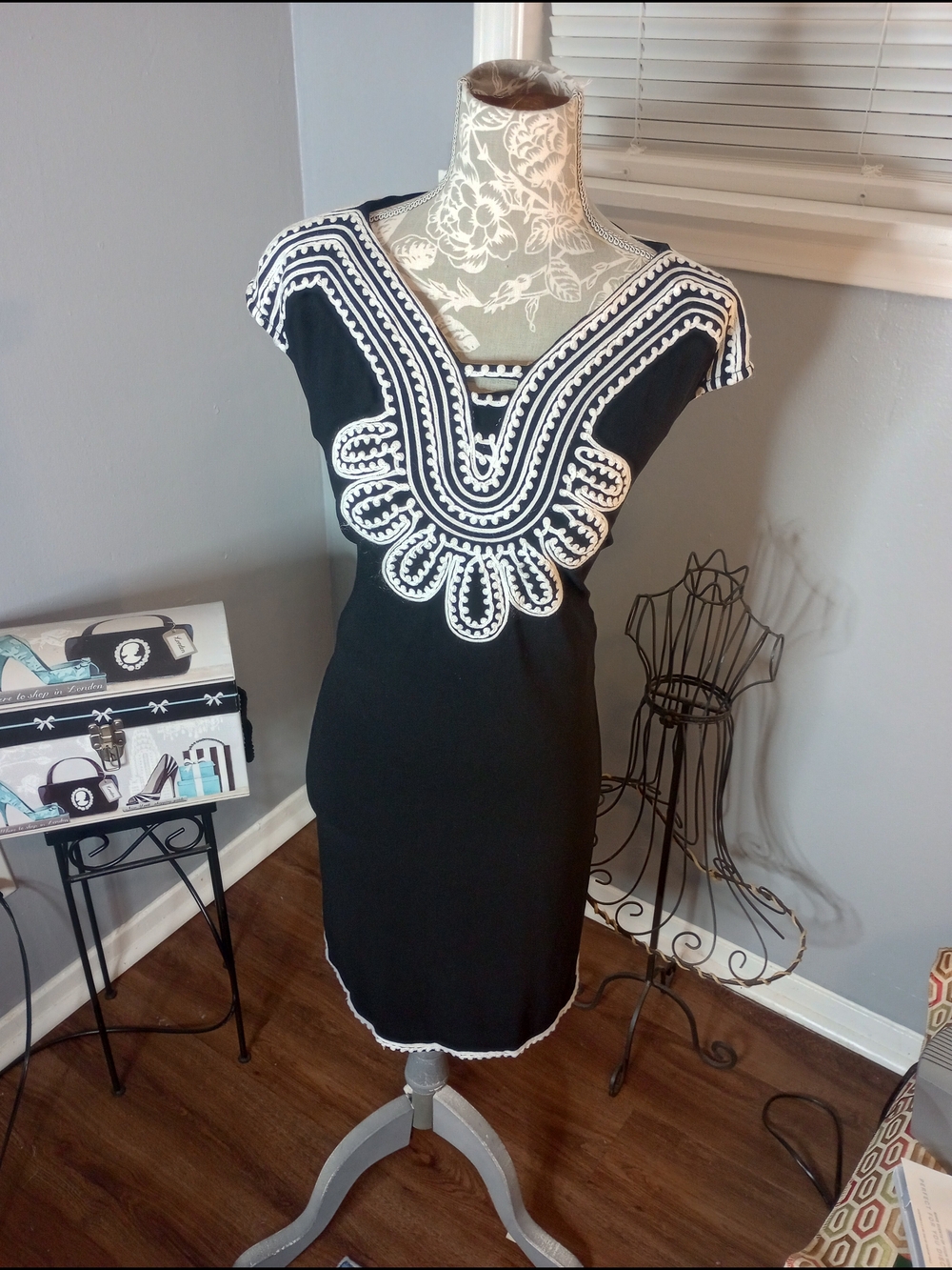 Black Midi Dress with White Embroidered Neckline And Hem